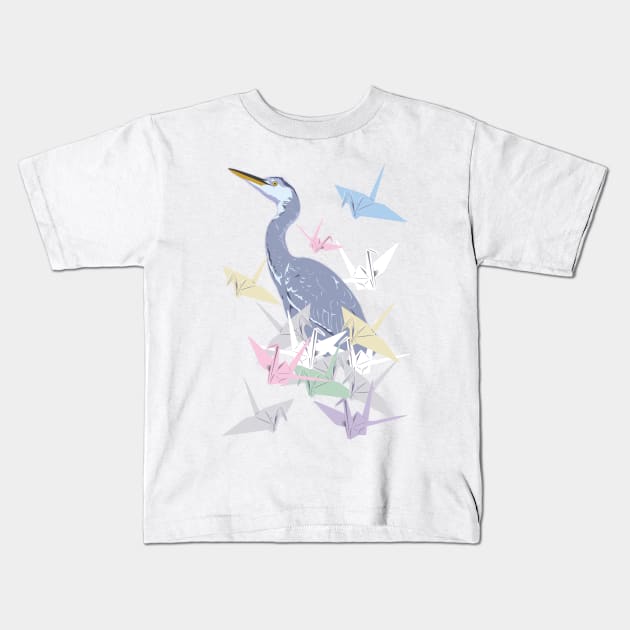 Crane with paper cranes Kids T-Shirt by Indigoego